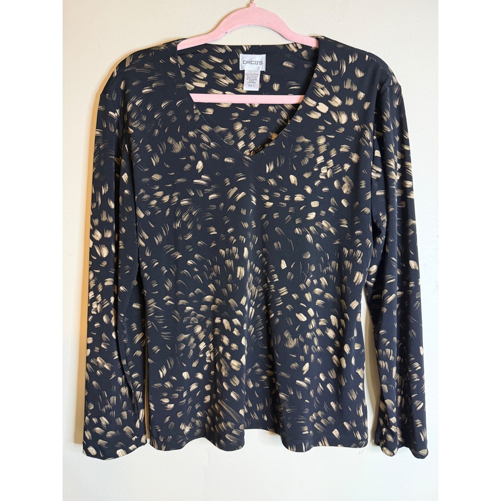 Chico's Womens 2 Navy Gold Abstract Print V Neck Long Sleeve Top Blouse